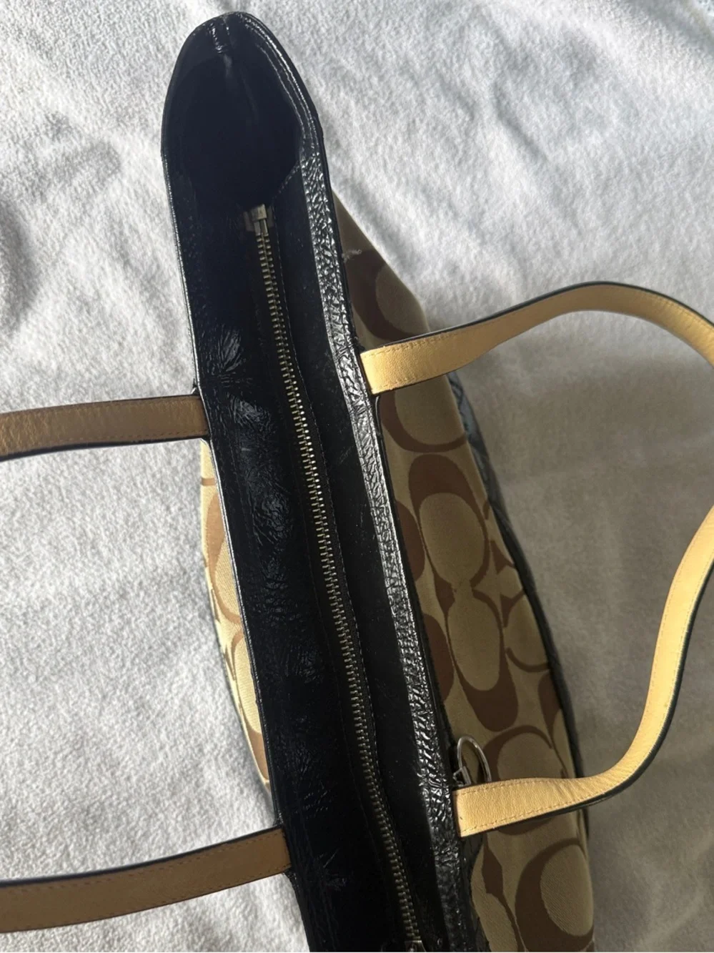 Coach Brown Signature Canvas Tote with Black Patent Trim